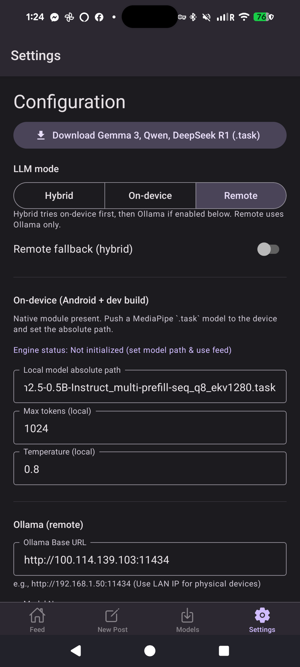Settings screen with theme, model, and remote server controls