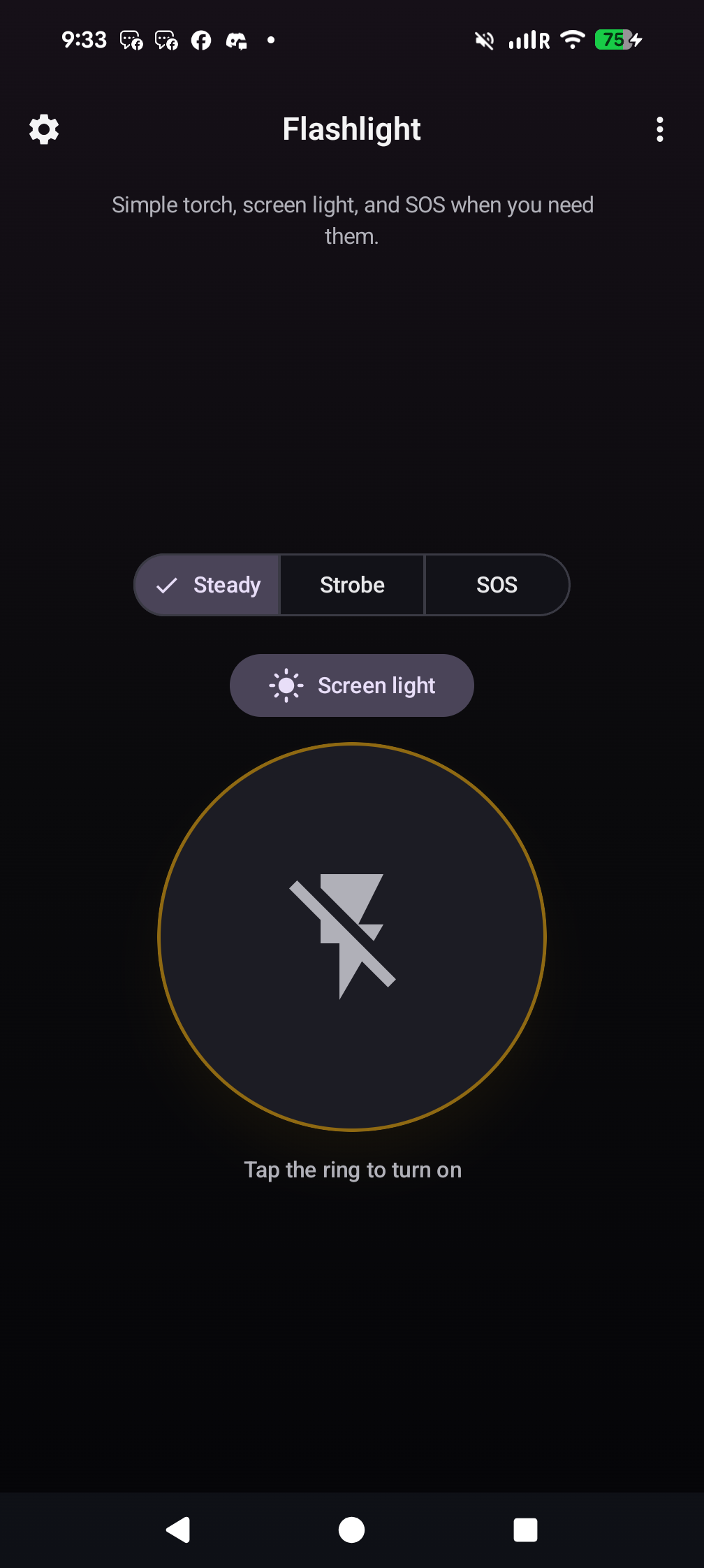 Flashlight app on Android: home with modes, torch ring, and top bar