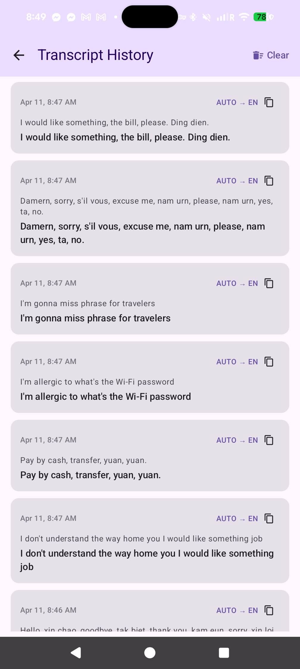 LiveCaptionN transcript history list with original and translated lines