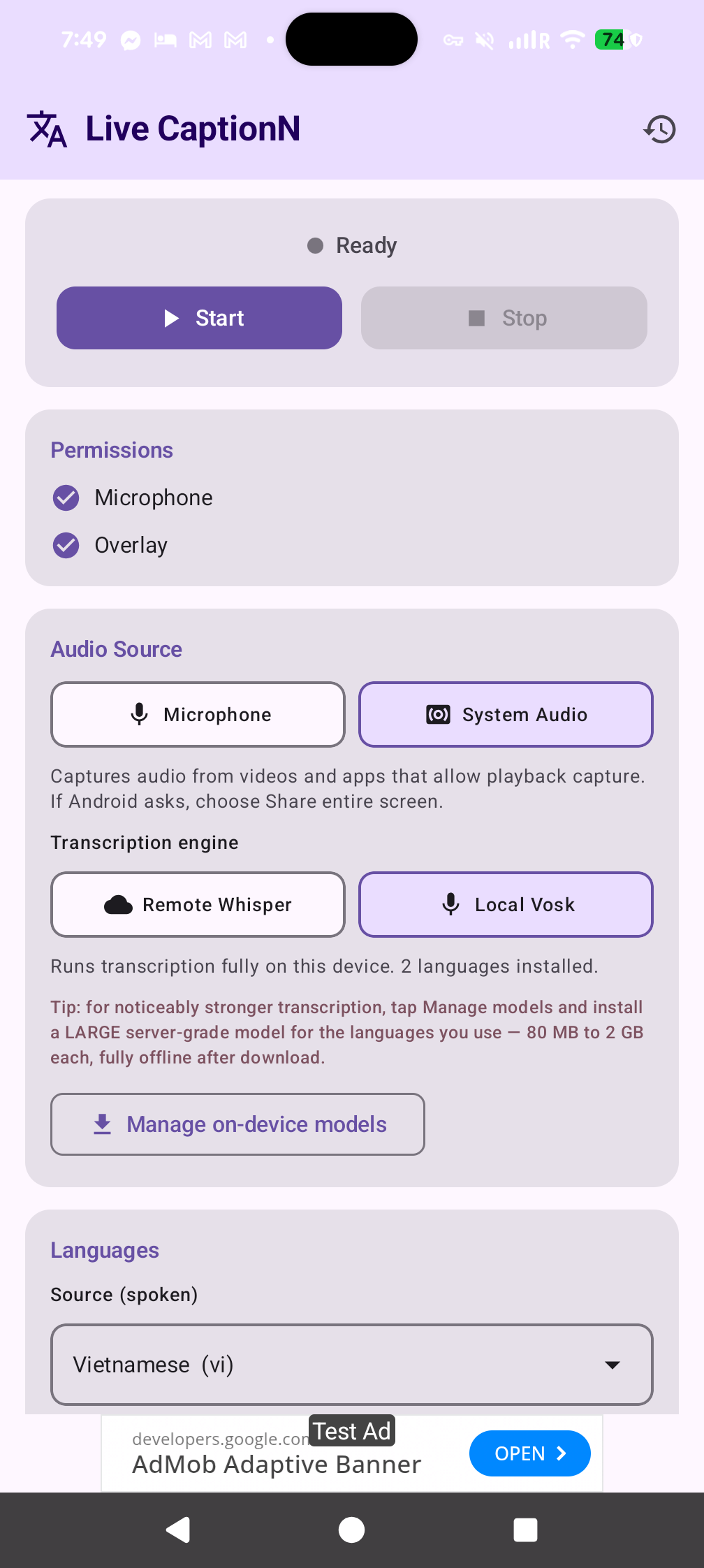 LiveCaptionN main settings screen showing audio source, languages, and start controls