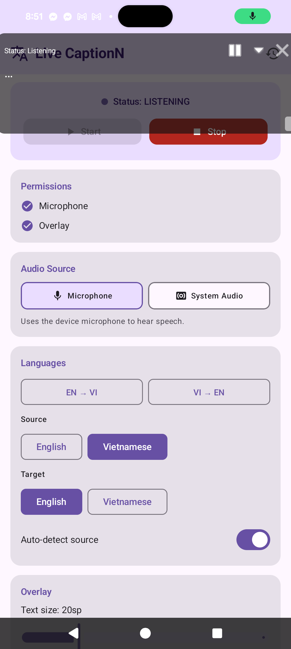 LiveCaptionN overlay listening with status controls on top of the main app