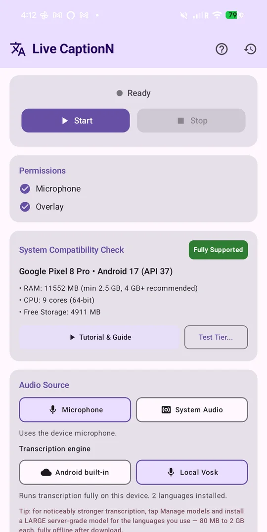 LiveCaptionN screenshot: Allow two permissions
