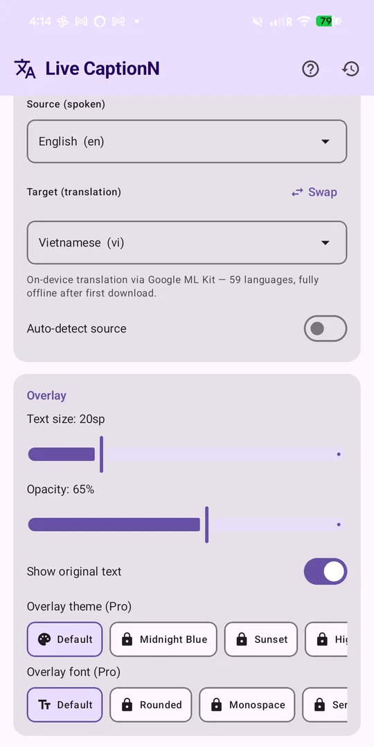 LiveCaptionN screenshot: Set the two languages
