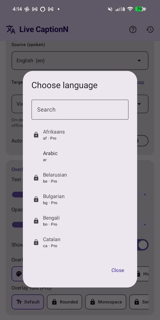 LiveCaptionN screenshot: Use the searchable picker