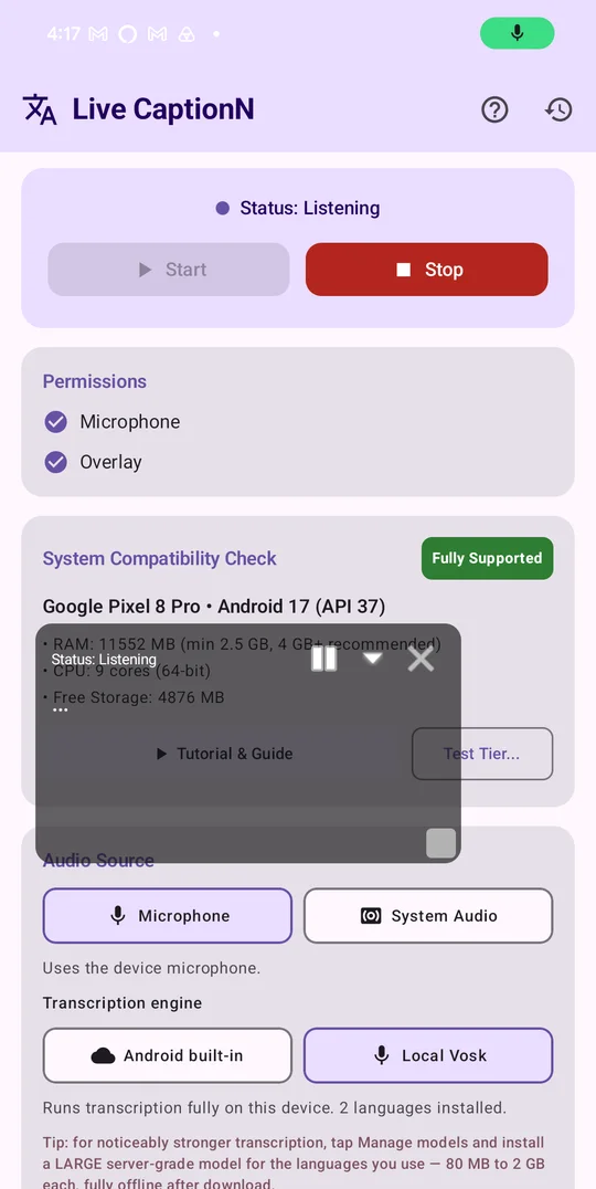 LiveCaptionN screenshot: Tap Start