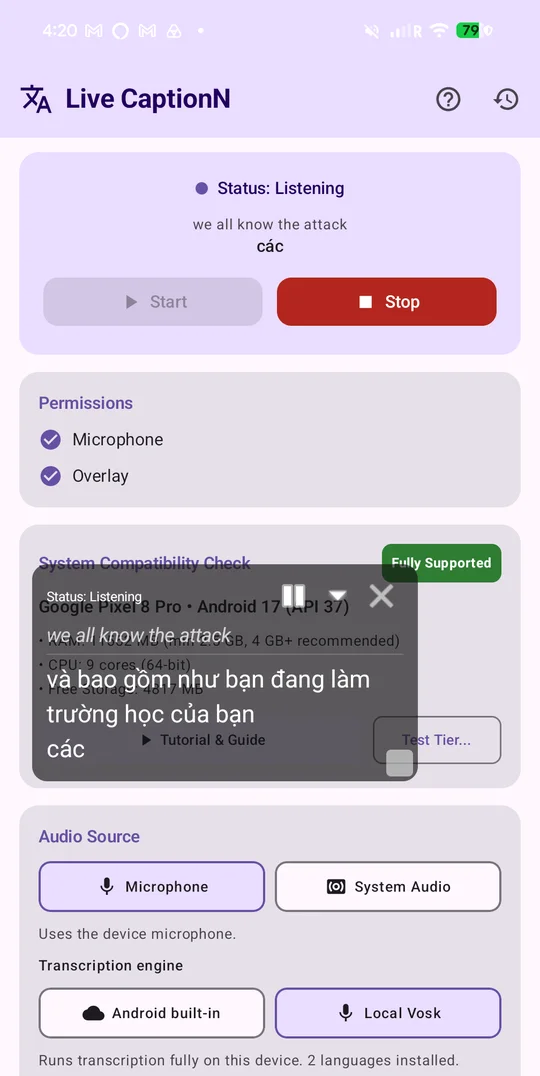 LiveCaptionN screenshot: Back in the app: live text and Stop