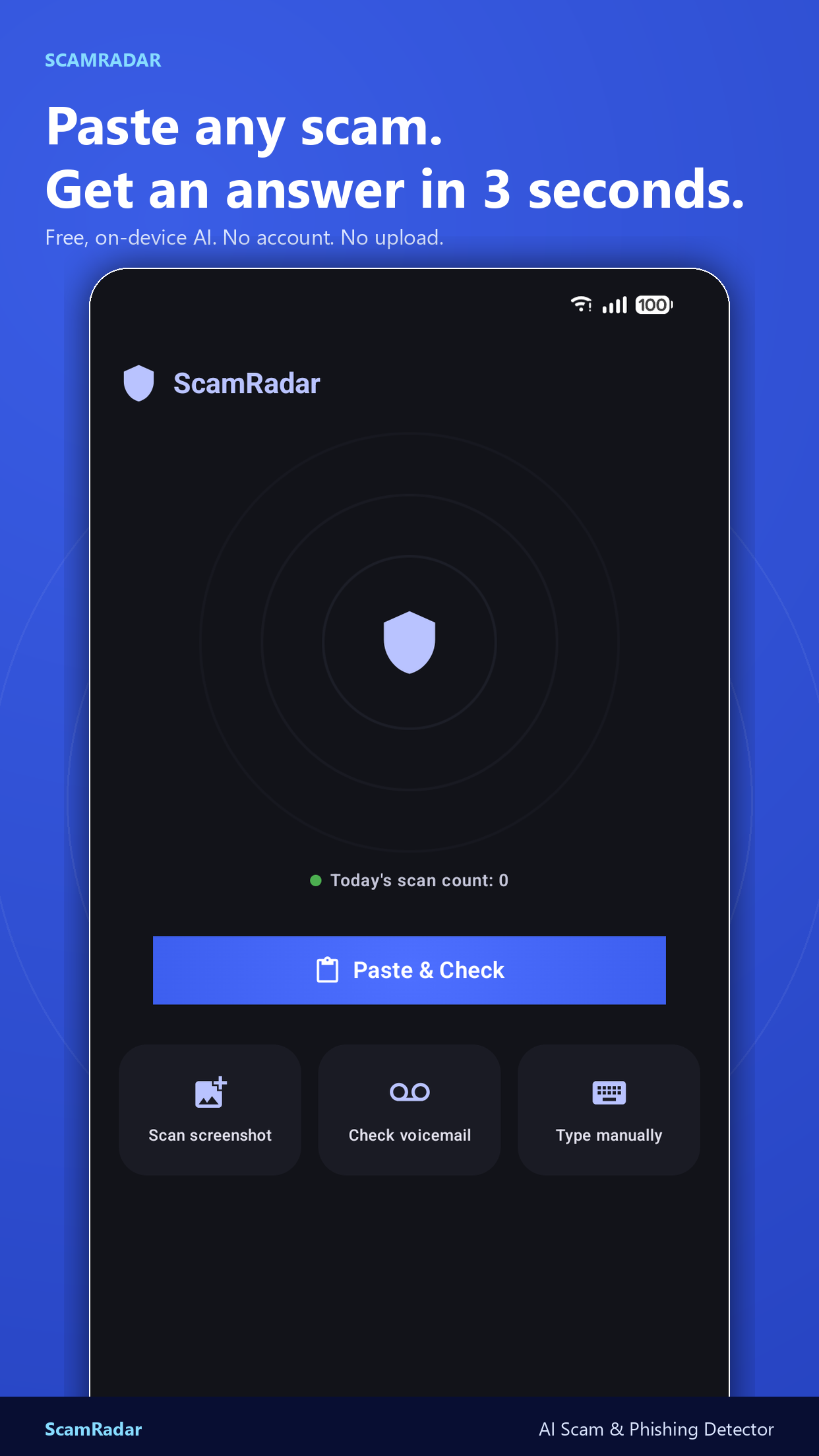 Home — paste any scam, get an answer in 3 seconds