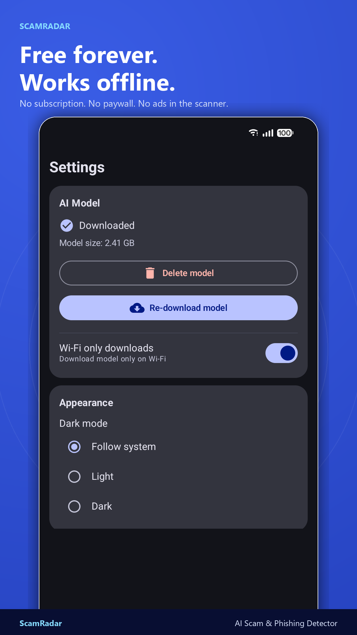 Settings — free forever, works offline