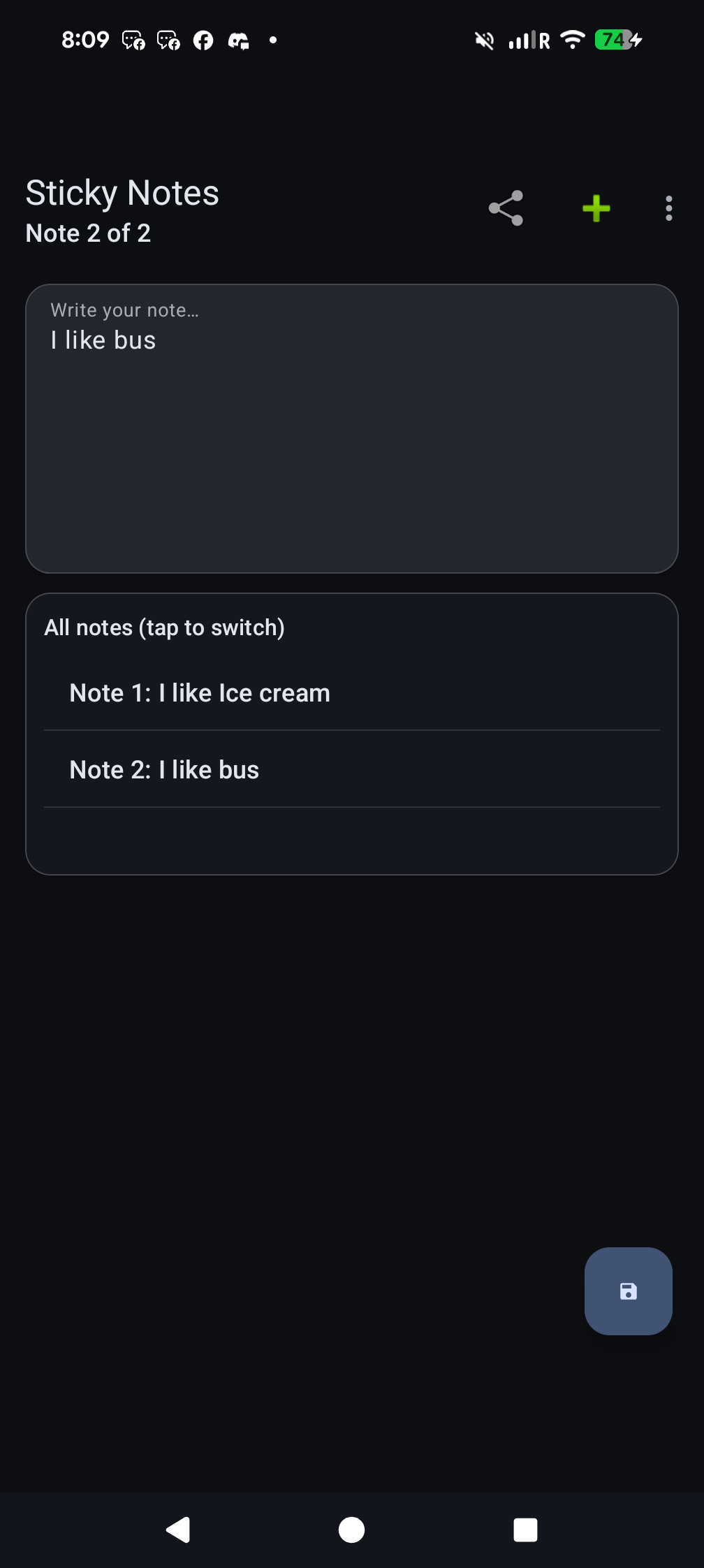 Sticky Notes main screen on Android