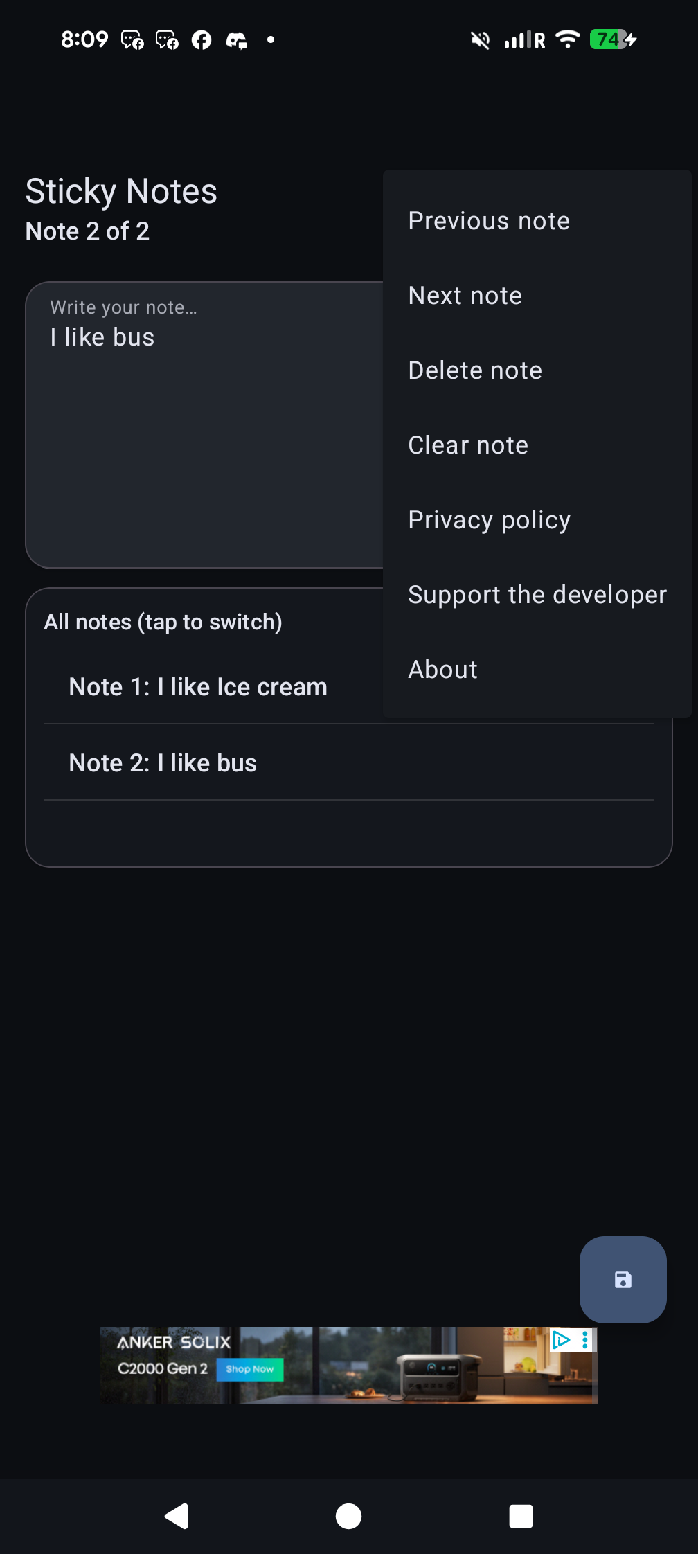 Sticky Notes action menu