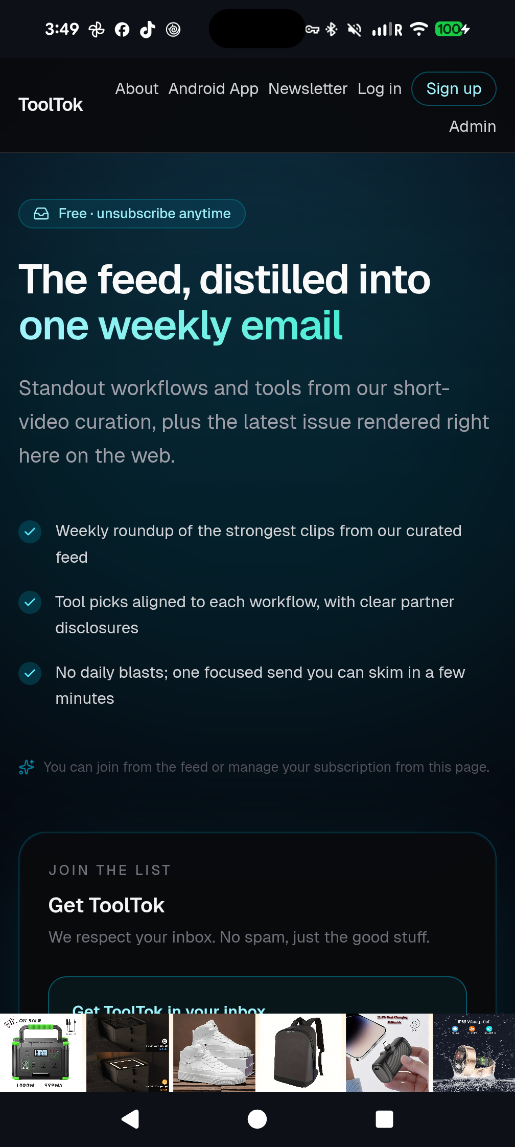 ToolTok Android app newsletter screen