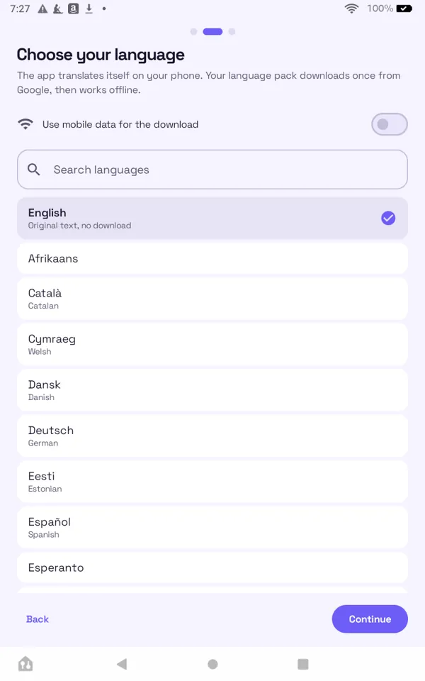 Pick your language on first launch