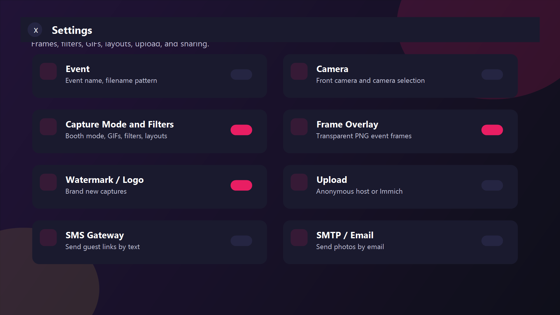Settings screen for capture mode