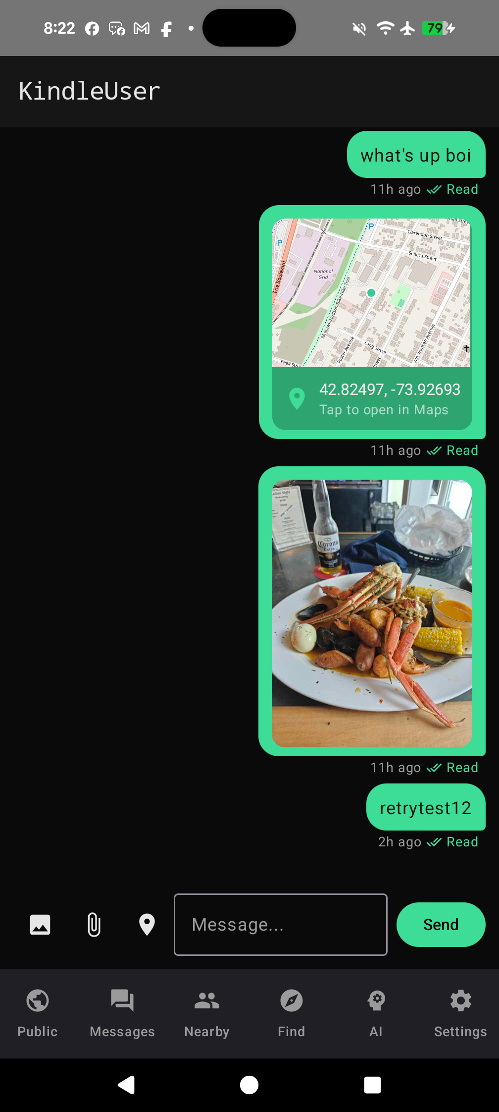 Encrypted DM thread with photo and location