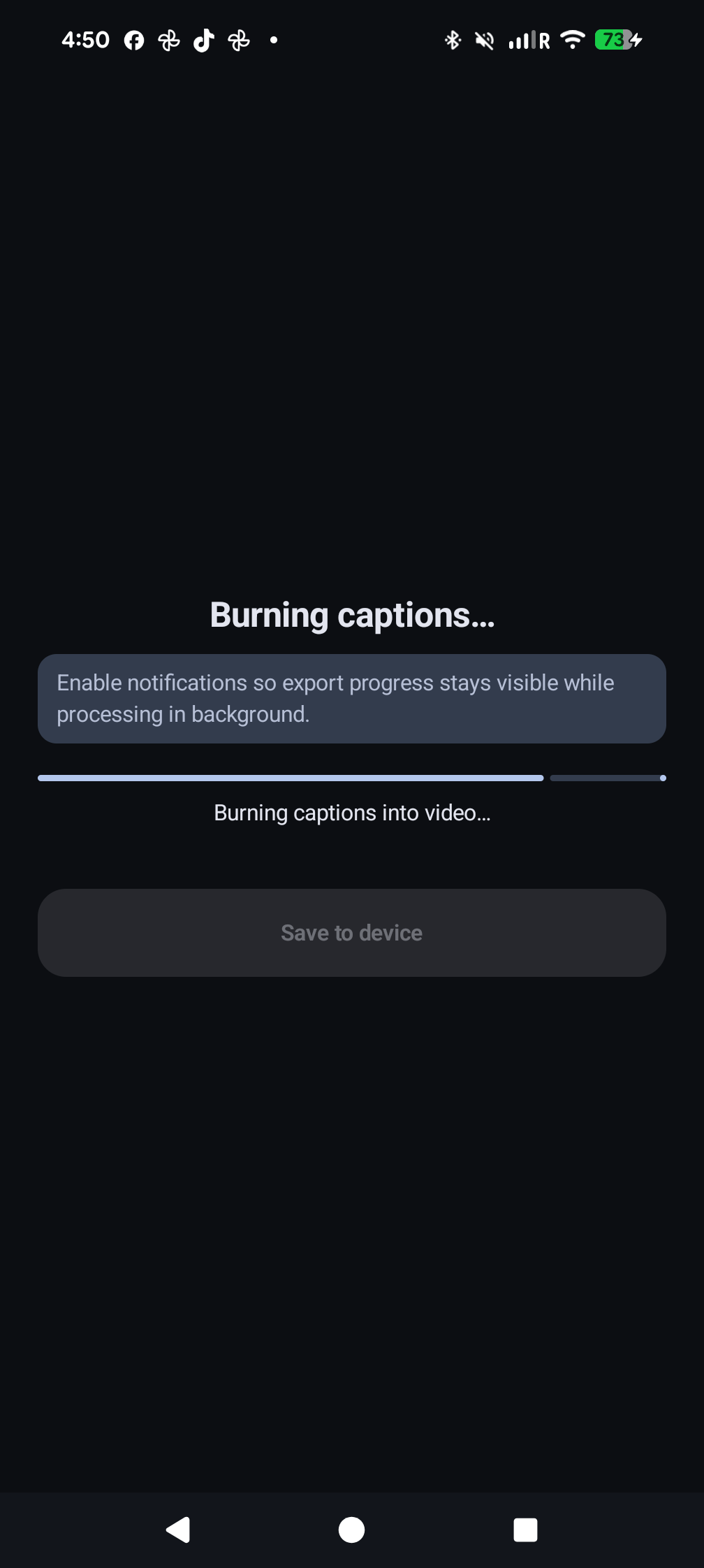 Export progress screen