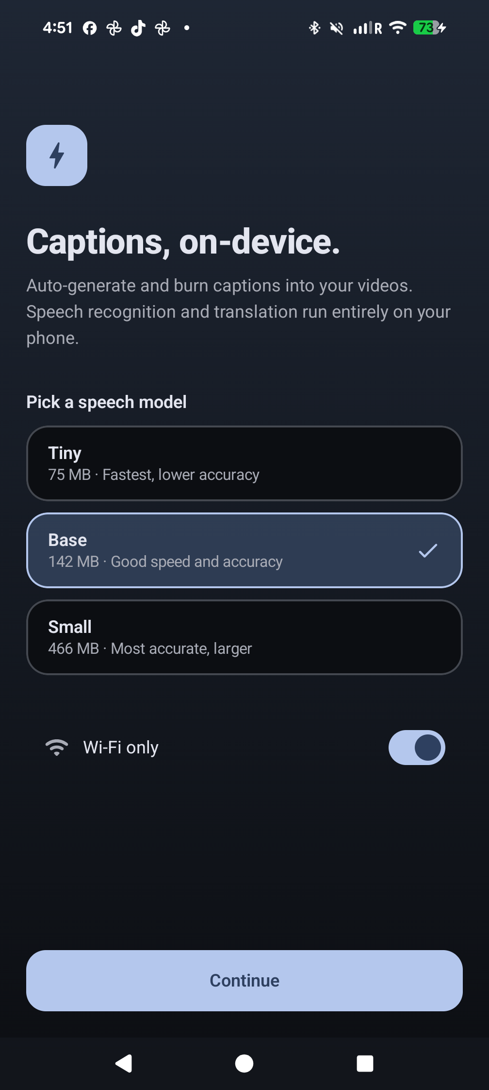 Onboarding screen with model selection