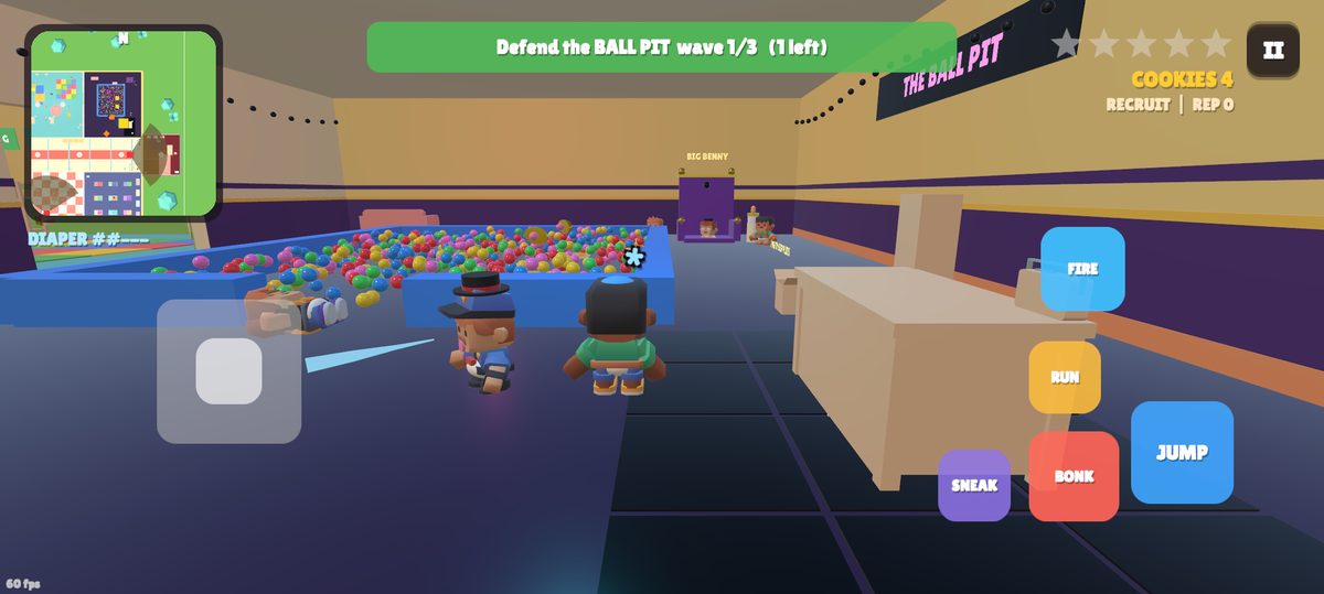 In the neon ball pit, Peanut squirts a Crib Crew kid in a fedora and shades with a toy water pistol