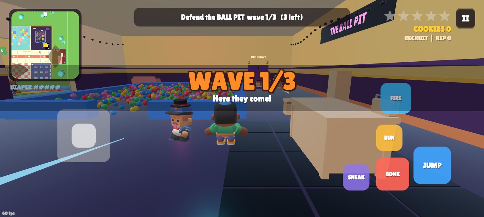 Wave 1 of 3 in the neon ball pit: "Here they come!", with the minimap, heat stars and cookie counter on the HUD