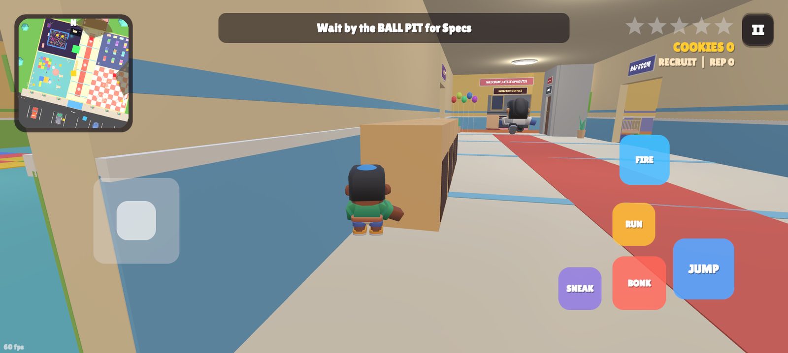 Walking the daycare hallway on the way to meet Specs at the ball pit