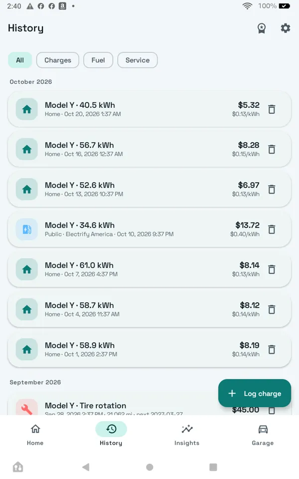 History: every charging session with cost and energy