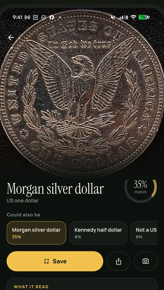 Coin result: a Morgan silver dollar with how sure the app is