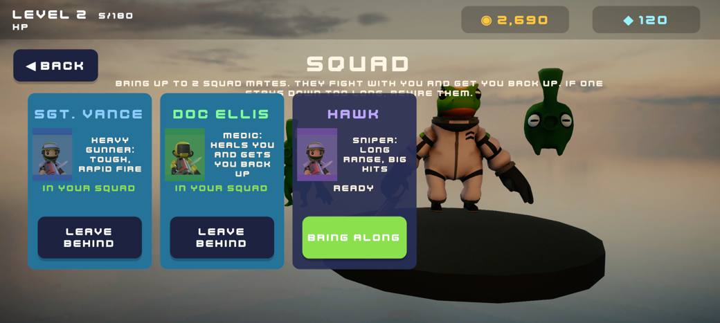 Squad screen: Vance, Doc Ellis and Hawk