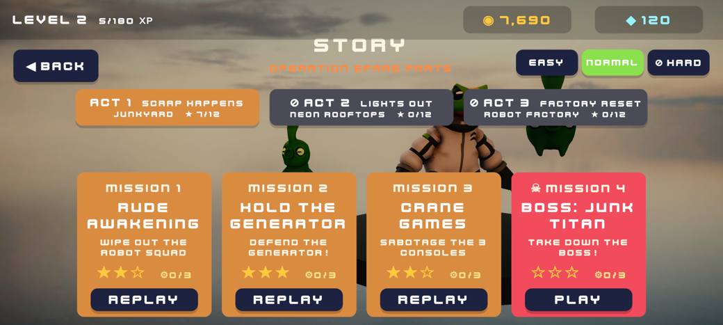 Story mode: Act 1 missions with stars and hidden gear counts