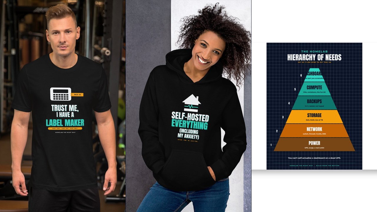 Merch drop 5: ten new designs, from a label-maker tee to the Homelab Hierarchy of Needs poster