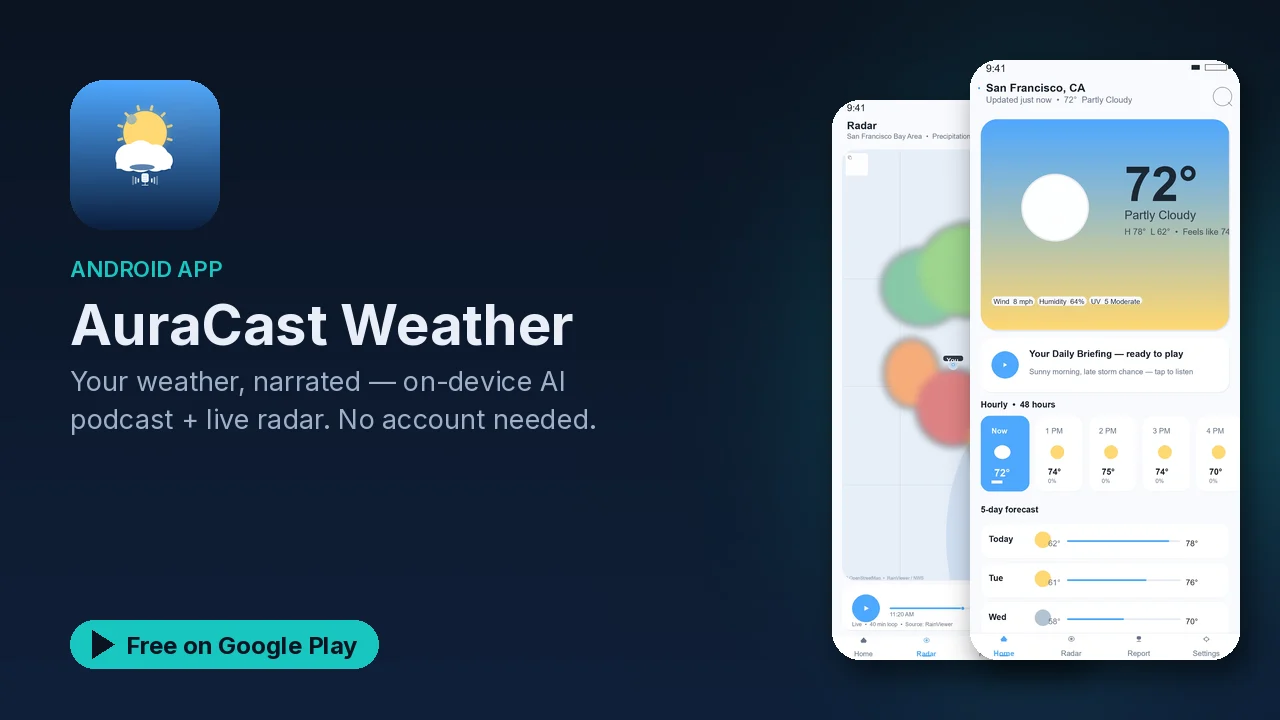AuraCast Weather: your forecast as an on-device spoken briefing