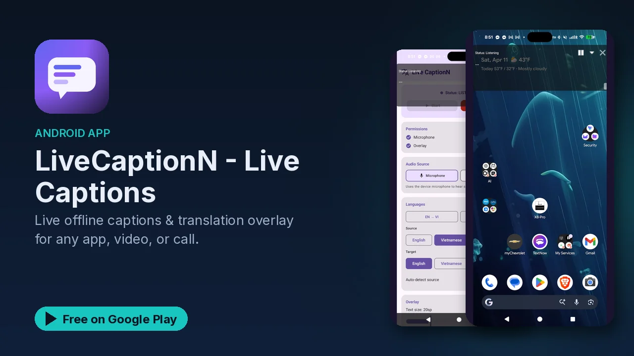 LiveCaptionN: live captions and translation over any Android app