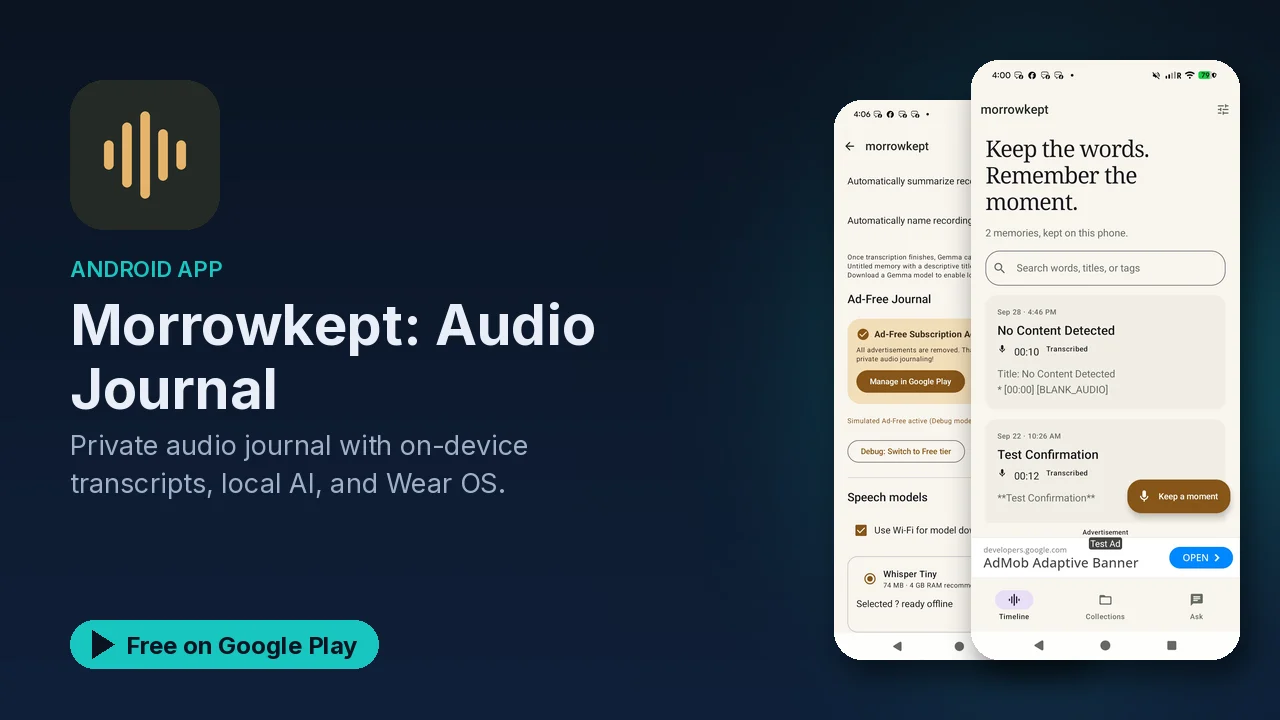 Morrowkept: a private audio journal with on-device transcripts