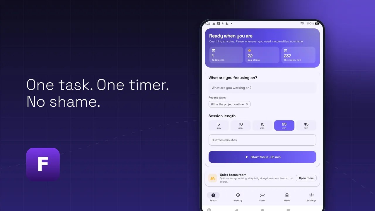 ADHD Focus Companion is live on Google Play: one task, one timer, no shame