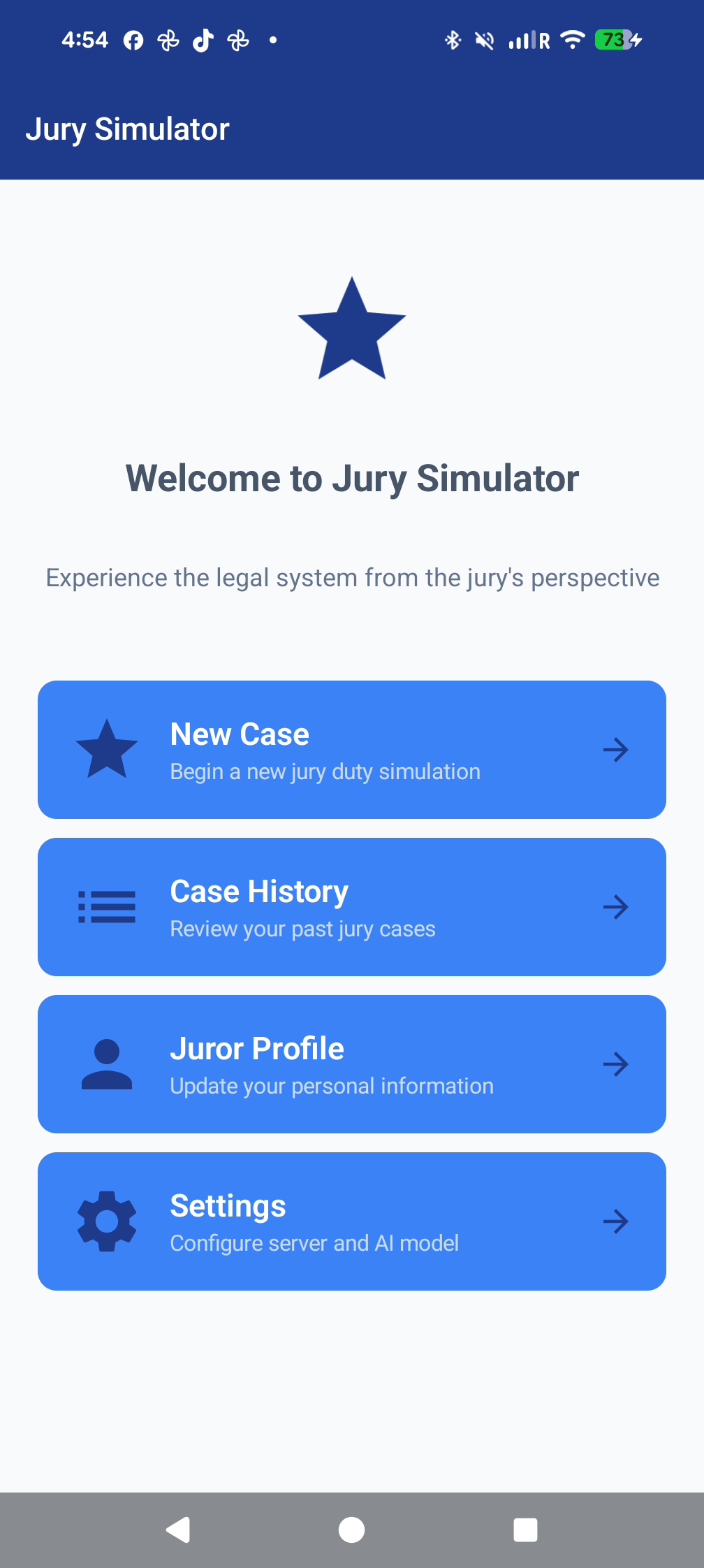 Jury Simulator home screen