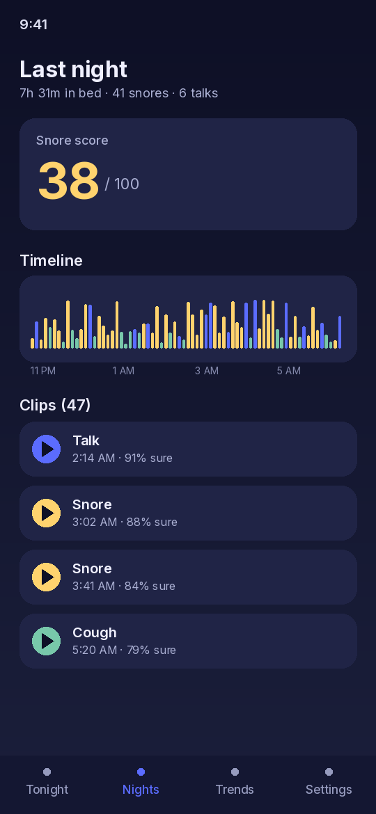 Morning report: snore score, timeline of the night and playable clips