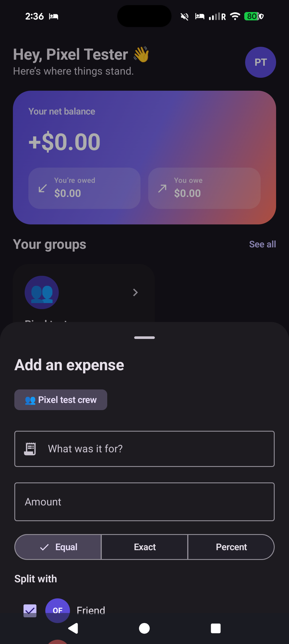 Adding and splitting an expense in Owefolk