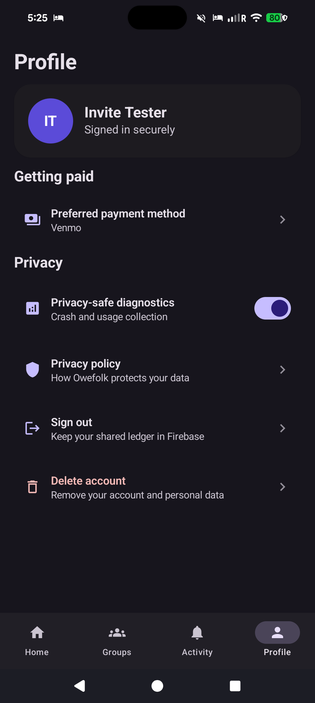 Profile screen with payment preferences
