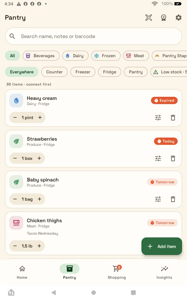 Pantry: every item with its expiry date