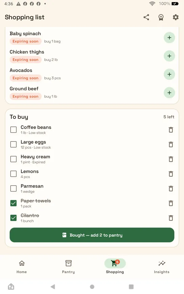 Shopping list: what to buy, grouped by aisle