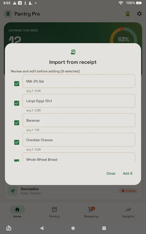 Receipt scan: add items from a photo of a receipt