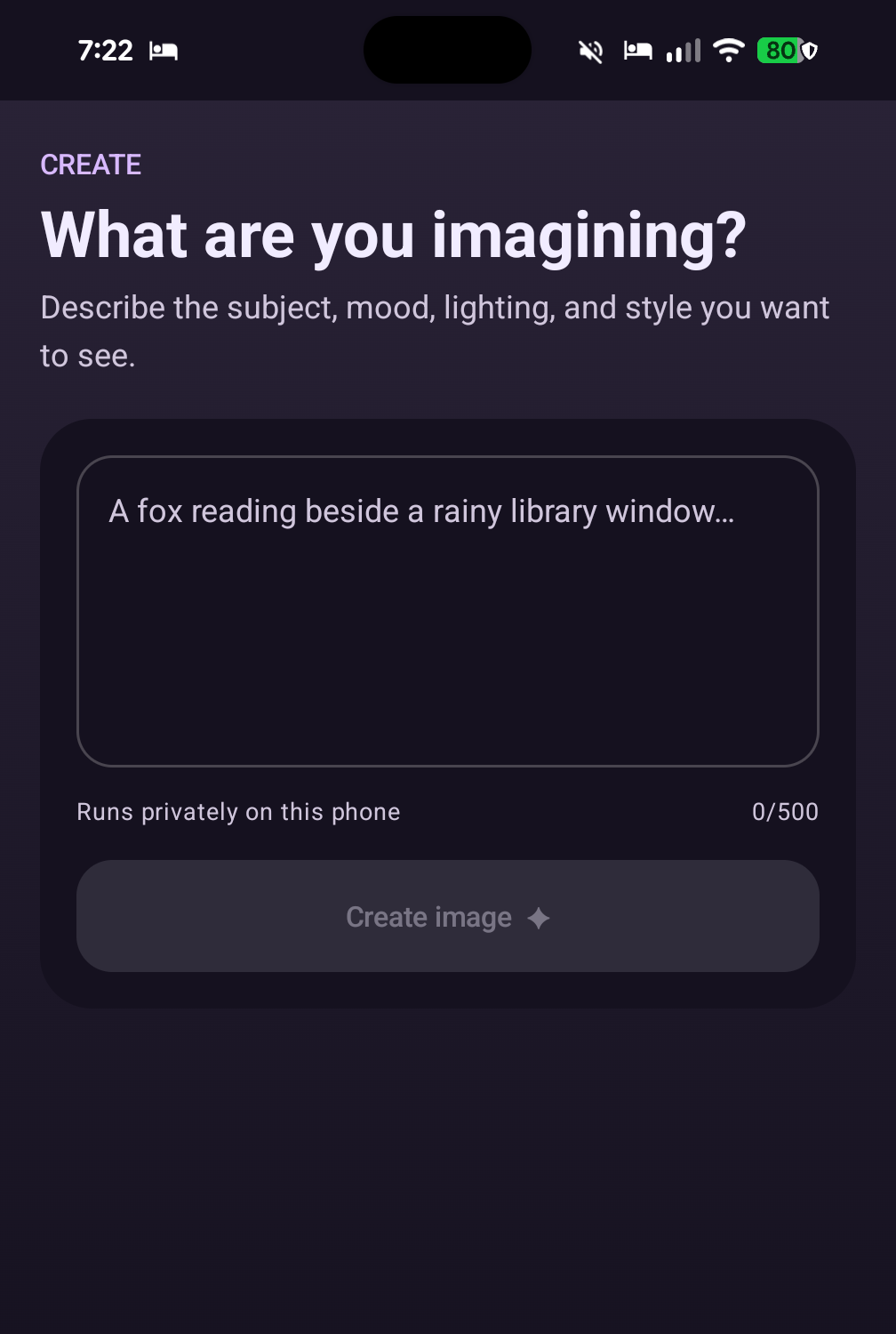 PixelDream Create screen, showing a text prompt about to become an image