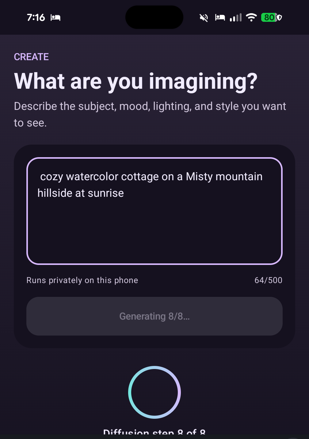 Generation progress screen showing diffusion steps