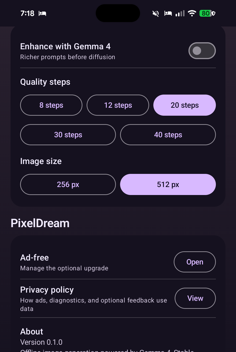 Settings screen showing on-device model status