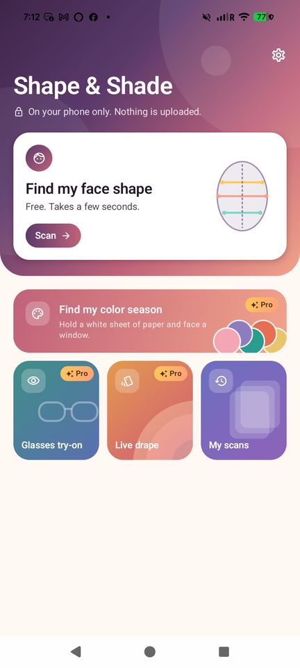 Home: face shape, color season, live drape and glasses try-on