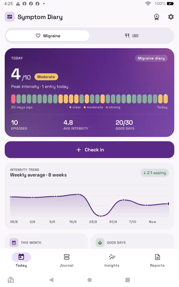 Today: log symptoms, meals and notes in seconds
