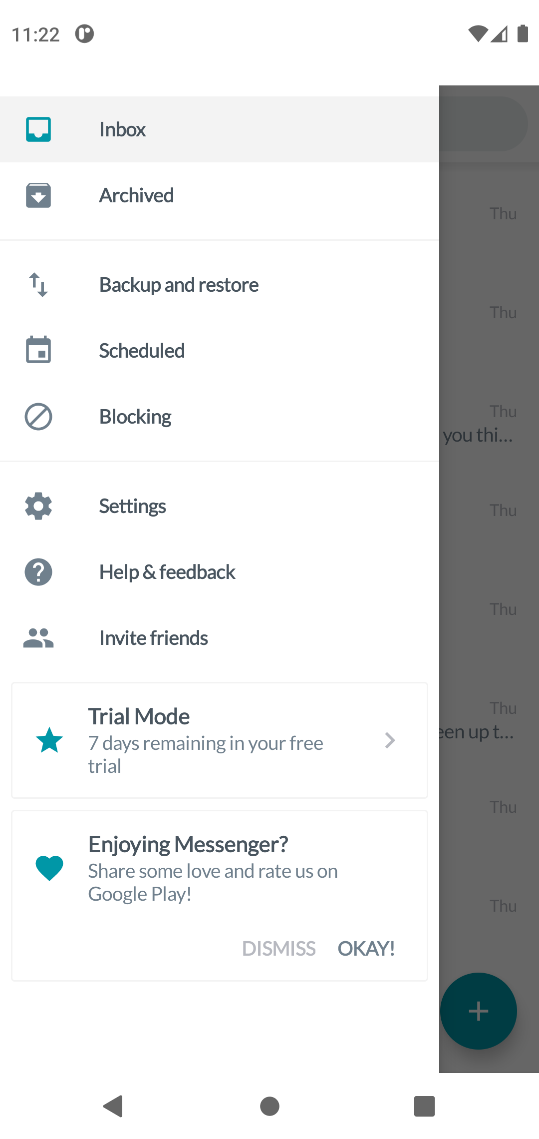 TextPilot navigation drawer with main sections