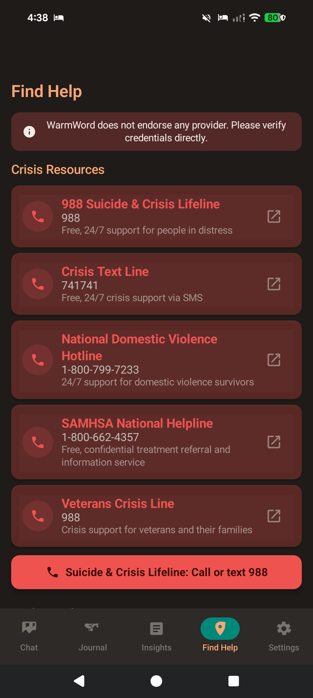 WarmWord find help screen