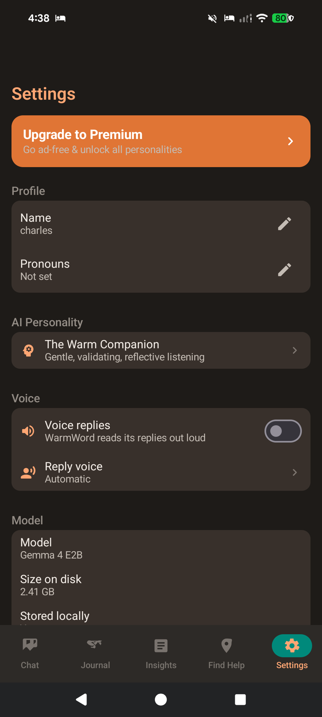 WarmWord settings screen