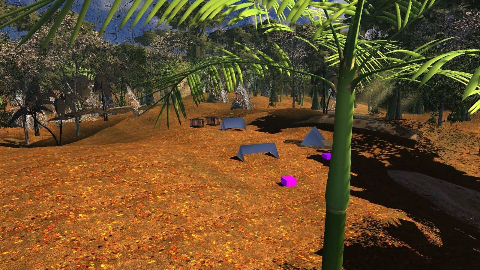 The tented camp seen from a ridge above, a river and dense canopy beyond