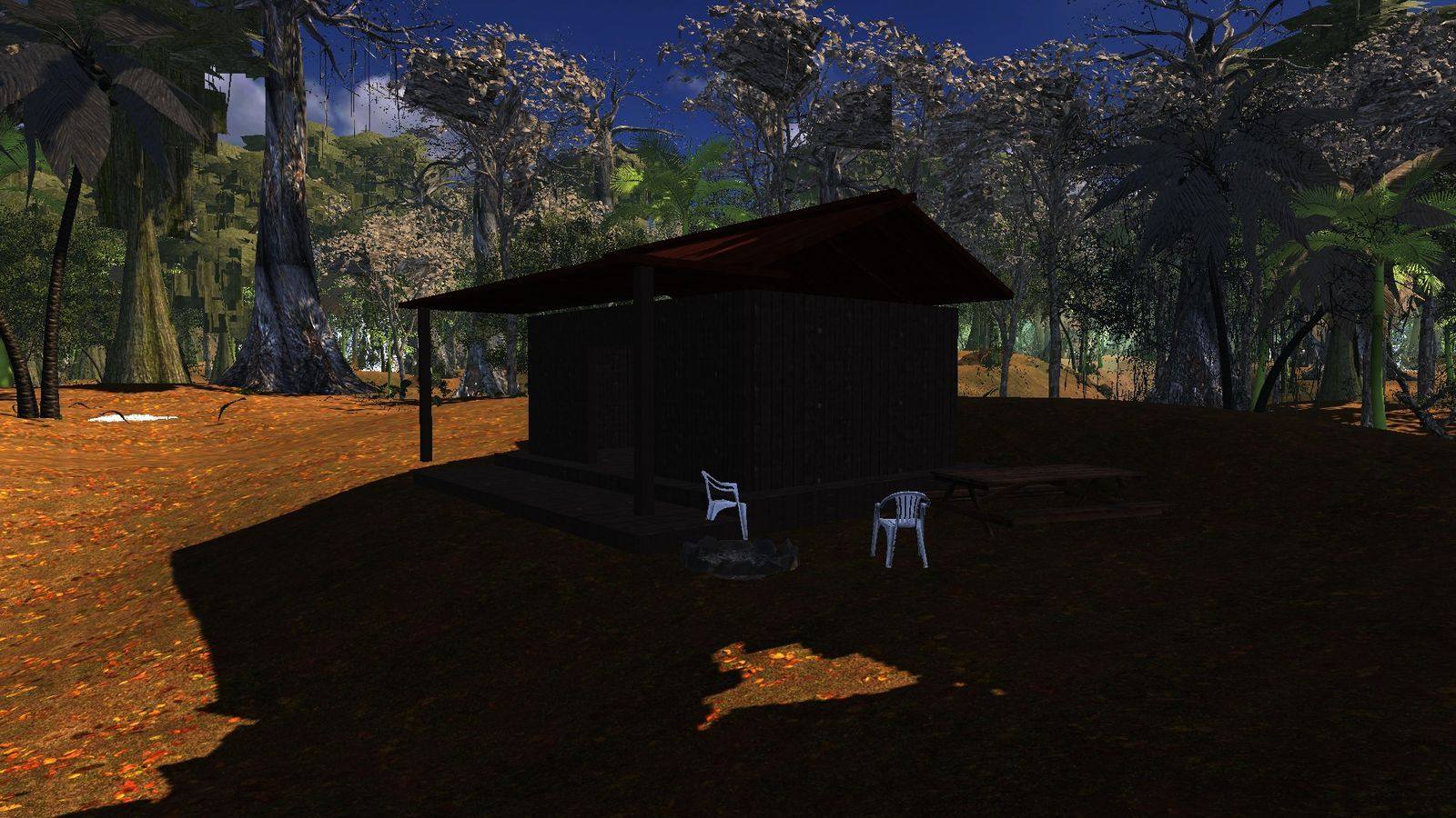 The ranger station at the edge of the Kavari Basin: a wooden hut on stilts with a jeep parked outside